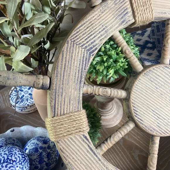 NEW!  Rustic Wood & Jute Accented Captain Ship Boat Wheel Coastal Beach Decor - Picture 2 of 8